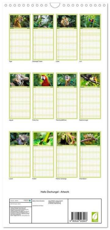 Produktbild: Familienplaner 2026 - Hallo Dschungel - Artwork mit 5 Spalten (Wandkalender, 21 x 45 cm) CALVENDO