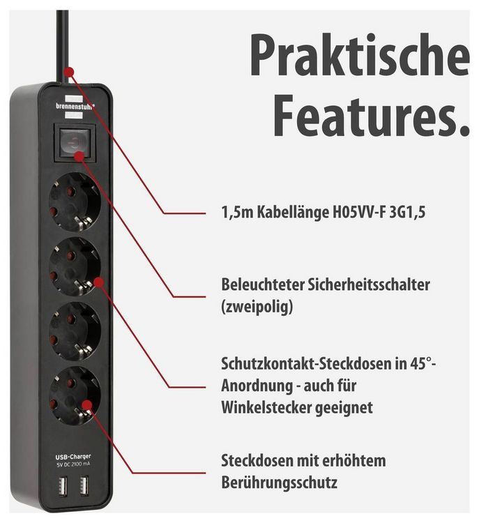 Produktbild: Brennenstuhl 1153240006 Steckdosenleiste mit Schalter 4fach Schwarz Schutzkontakt 1 St.