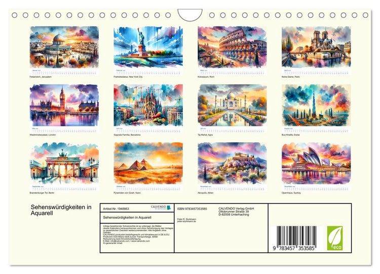 Produktbild: Sehensw&uuml;rdigkeiten in Aquarell (Wandkalender 2026 DIN A4 quer), CALVENDO Monatskalender