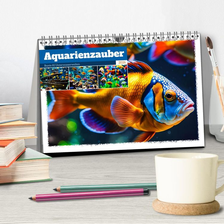 Produktbild: Aquarienzauber - Bunte KI Unterwasserwelten (Tischkalender 2026 DIN A5 quer), CALVENDO Monatskalender