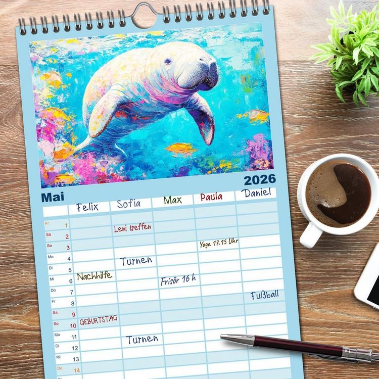 Produktbild: Familienplaner 2026 - Manatee Paintings. Rundschwanzseek&uuml;he im &Ouml;lgem&auml;lde-Stil mit 5 Spalten (Wandkalender, 21 x 45 cm) CALVENDO