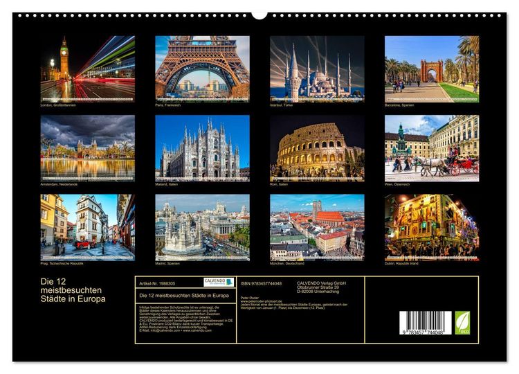 Produktbild: Die 12 meistbesuchten St&auml;dte in Europa (hochwertiger Premium Wandkalender 2026 DIN A2 quer), Kunstdruck in Hochglanz