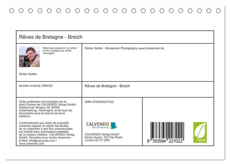 Produktbild: R&ecirc;ves de Bretagne - Breizh (Calendrier de bureau 2027 DIN A5 vertical), CALVENDO calendrier mensuel