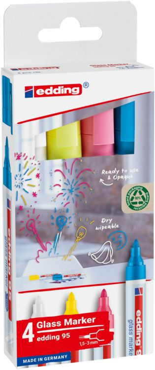 Produktbild: EDDING&reg; Glasboard Marker 95, 4er Etui (weiss, gelb, rosa, hellblau) Kartonetui