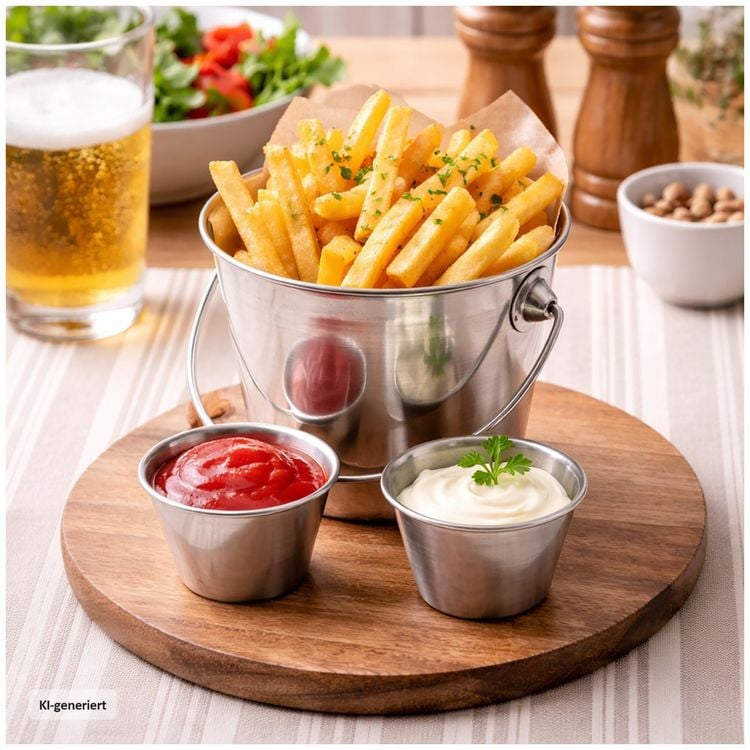 Produktbild: neuetischkultur Edelstahl Pommes Servierset Eimer mit 2 Dipschalen Snack Set modern