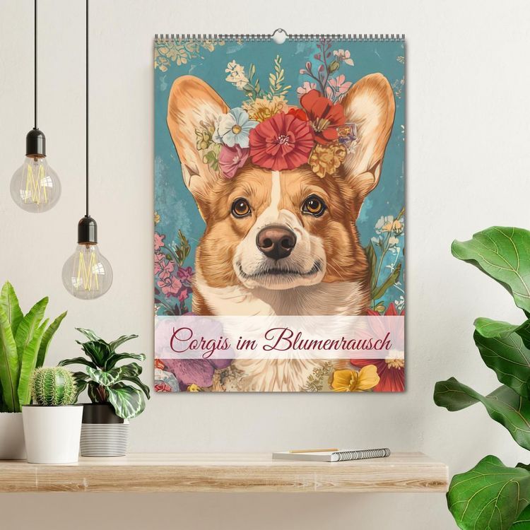 Produktbild: Corgis im Blumenrausch (Wandkalender 2027 DIN A2 hoch), CALVENDO Monatskalender