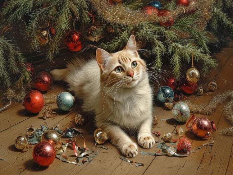 Produktbild: CALVENDO Puzzle Weihnachtszauber im Landhaus - Eine neugierige Katze zwischen Glanz und Scherben | 1000 Teile Lege-Gr&ouml;&szlig;e 64x48cm Foto-Puzzle f&uuml;r gl&uuml;ck