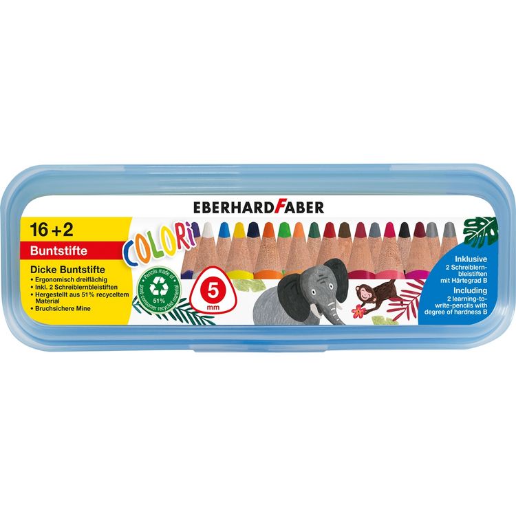 Produktbild: EBERHARD FABER Buntstifte Colori 16+2 dreifl&auml;chig dick 16 Farben Mine 5mm 2 Schreiblernbleistifte