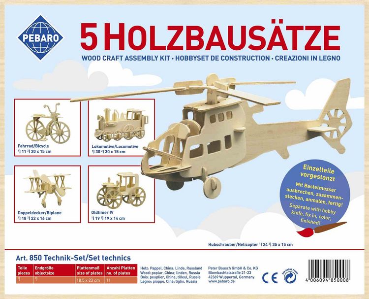 Produktbild: PEBARO 850 - Holzbausatz Technik-Set (Lokomotive, Fahrrad, Hubschrauber, Oldtimer, Doppeldecker), 5 Holzkonstruktionen zum Zusammenstecken
