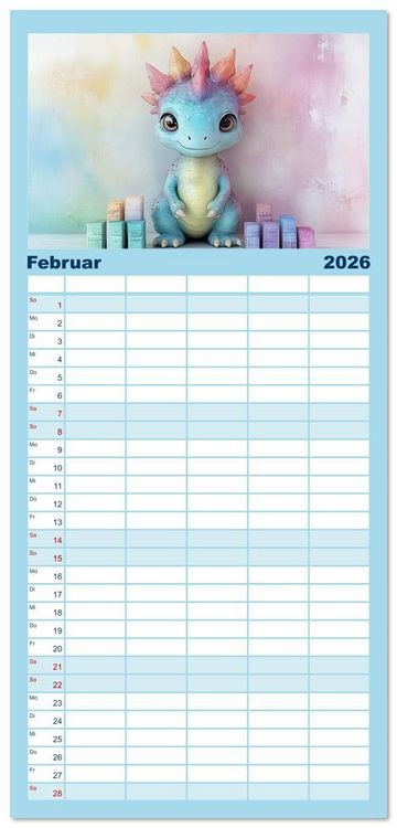 Produktbild: Familienplaner 2026 - Dinozauber &ndash; Wenn Urzeitbewohner zu Freunden werden mit 5 Spalten (Wandkalender, 21 x 45 cm) CALVENDO