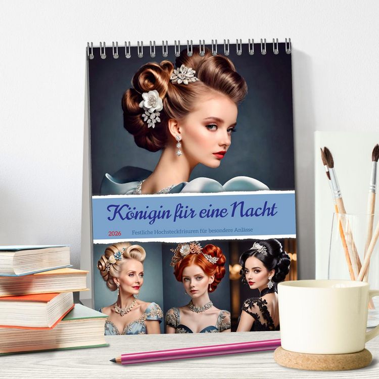 Produktbild: K&ouml;nigin f&uuml;r eine Nacht. Festliche Hochsteckfrisuren f&uuml;r besondere Anl&auml;sse (Tischkalender 2026 DIN A5 hoch), CALVENDO Monatskalender