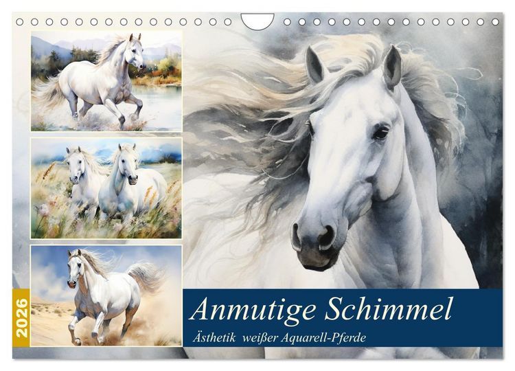 Produktbild: Anmutige Schimmel. &Auml;sthetik wei&szlig;er Aquarell-Pferde (Wandkalender 2026 DIN A4 quer), CALVENDO Monatskalender