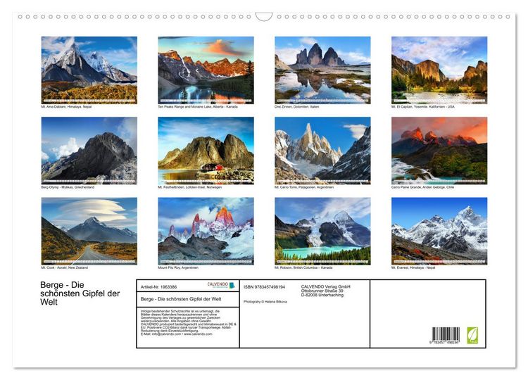 Produktbild: Berge - Die sch&ouml;nsten Gipfel der Welt (Wandkalender 2026 DIN A2 quer), CALVENDO Monatskalender