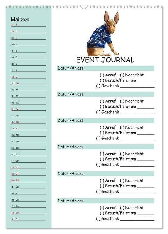 Produktbild: B-DAY PLANER - Aquarell Hunderassen - F&uuml;r Termine, Geschenke, Eventdetails & mehr (hochwertiger Premium Wandkalender 2026 DIN A2 hoch), Kunstdruck in Hochglanz