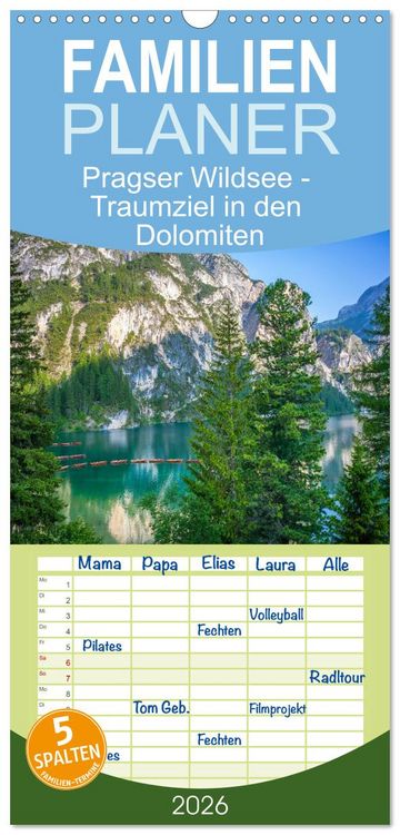 Produktbild: Familienplaner 2026 - Pragser Wildsee - Traumziel in den Dolomiten mit 5 Spalten (Wandkalender, 21 x 45 cm) CALVENDO