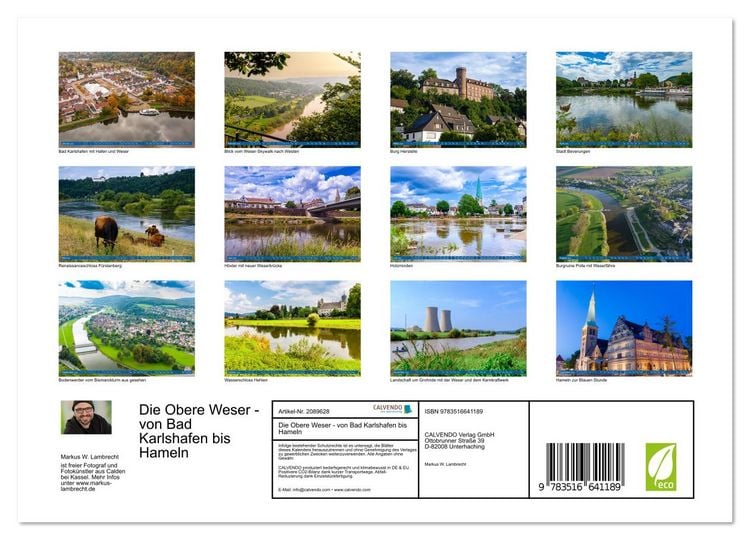 Produktbild: Die Obere Weser - von Bad Karlshafen bis Hameln (Wandkalender 2026 DIN A4 quer), CALVENDO Monatskalender