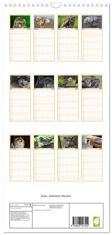 Produktbild: Familienplaner 2026 - Eulen. Gefiederte Weisheit mit 5 Spalten (Wandkalender, 21 x 45 cm) CALVENDO