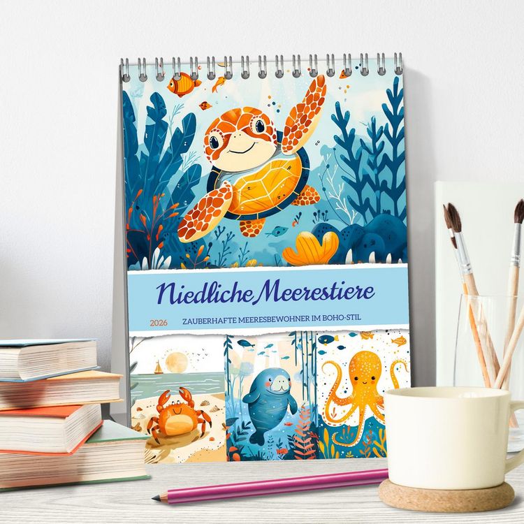 Produktbild: Niedliche Meerestiere - Zauberhafte Meeresbewohner im Boho-Stil (Tischkalender 2026 DIN A5 hoch), CALVENDO Monatskalender