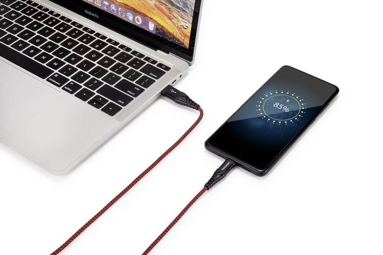 Produktbild: TOOLCRAFT USB-Kabel USB 2.0 USB-A Stecker, USB-C&reg; Stecker 2.00m Schwarz/Rot Extrem robuste Geflechtschirmung, beidseitig