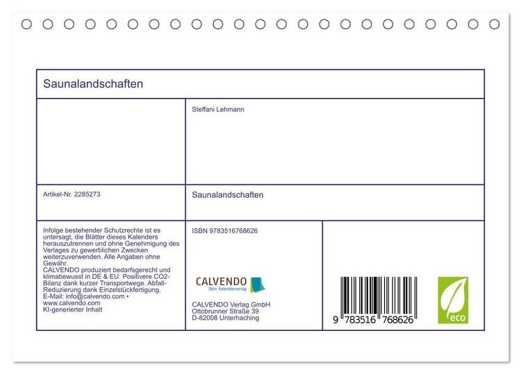 Produktbild: Saunalandschaften (Tischkalender 2027 DIN A5 quer), CALVENDO Monatskalender