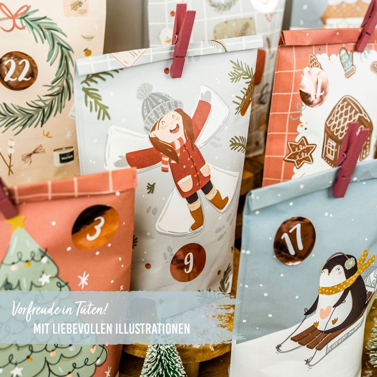 Produktbild: Adventskalender mit bedruckten T&uuml;ten &ndash; Eisblau f&uuml;r Kinder
