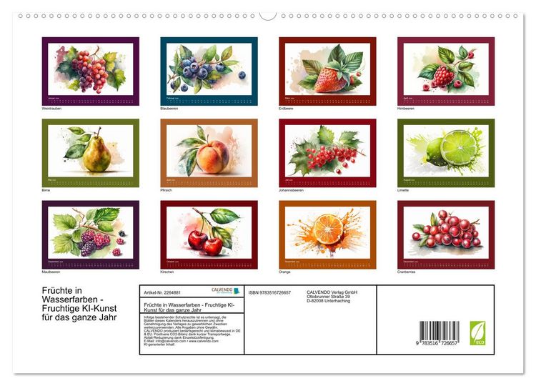 Produktbild: Fr&uuml;chte in Wasserfarben - Fruchtige KI-Kunst f&uuml;r das ganze Jahr (hochwertiger Premium Wandkalender 2026 DIN A2 quer), Kunstdruck in Hochglanz