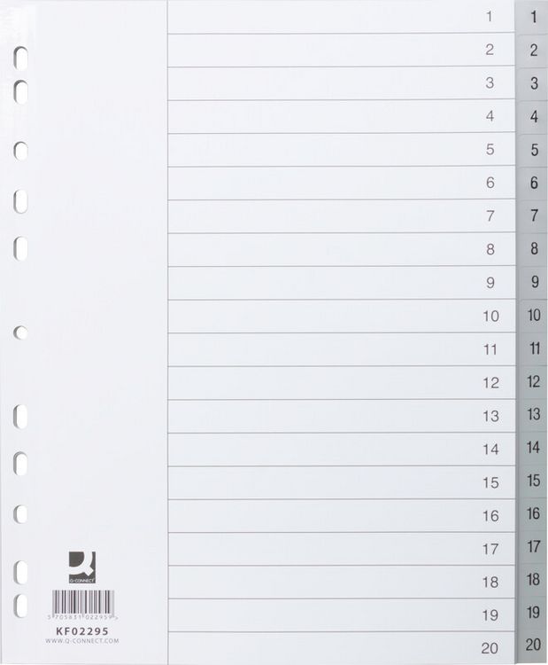 Produktbild: Q-CONNECT&reg; Register Vollformat &uuml;berbreit grau, A4 1-20 20teilig 11 Loch