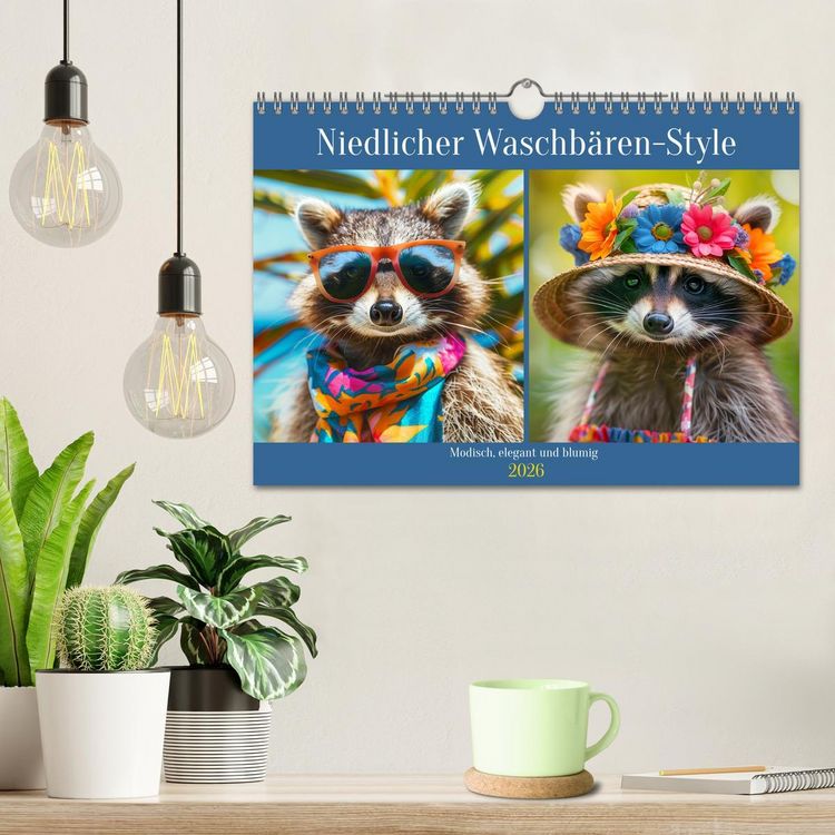 Produktbild: Niedlicher Waschb&auml;ren-Style. Modisch, elegant und blumig (Wandkalender 2026 DIN A4 quer), CALVENDO Monatskalender