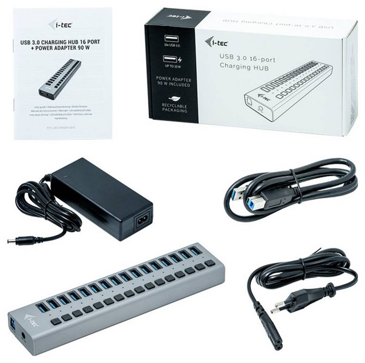 Produktbild: I-tec U3CHARGEHUB16 USB-Hub 16 Port USB-A USB 3.0 5 GBit/s Grau Charging Hub