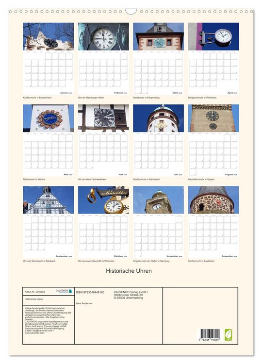 Produktbild: Historische Uhren (Wandkalender 2026 DIN A2 hoch), CALVENDO Monatskalender