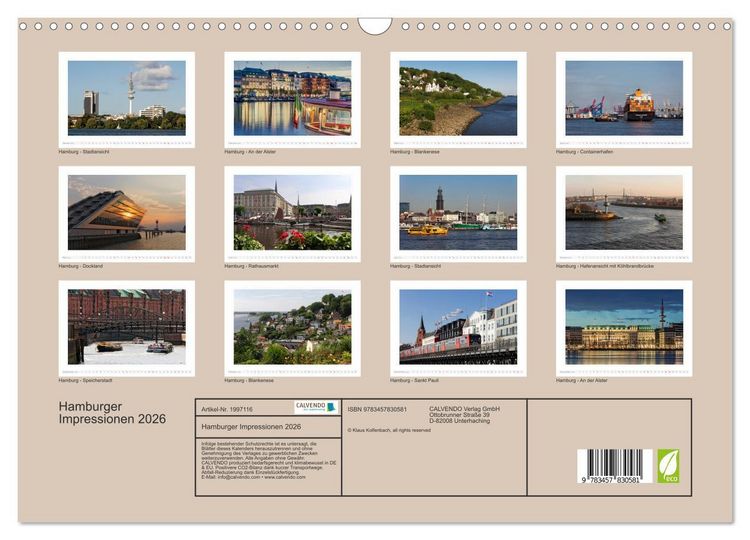 Produktbild: Hamburger Impressionen 2026 (Wandkalender 2026 DIN A3 quer), CALVENDO Monatskalender