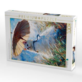 Produktbild: CALVENDO Puzzle Katze auf Wiese mit Sonnenschirm im impressionistischen Stil | 1000 Teile Lege-Gr&ouml;&szlig;e 64x48cm Foto-Puzzle f&uuml;r gl&uuml;ckliche Stunden
