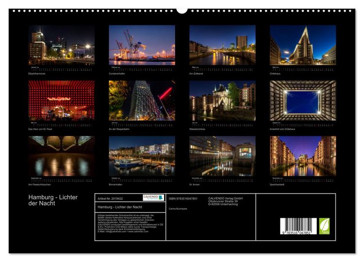 Produktbild: Hamburg - Lichter der Nacht (hochwertiger Premium Wandkalender 2026 DIN A2 quer), Kunstdruck in Hochglanz