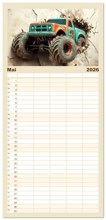 Produktbild: Familienplaner 2026 - Die Macht der Monstertrucks mit 5 Spalten (Wandkalender, 21 x 45 cm) CALVENDO