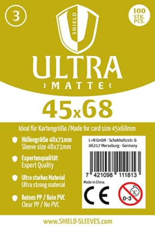 Produktbild: Shield Sleeves 1027371 - Shield Ultra Matte 3, 100 Super Sleeves f&uuml;r Kartengr&ouml;&szlig;e 45 x 68 mm, Spielkarten-Schutzh&uuml;llen