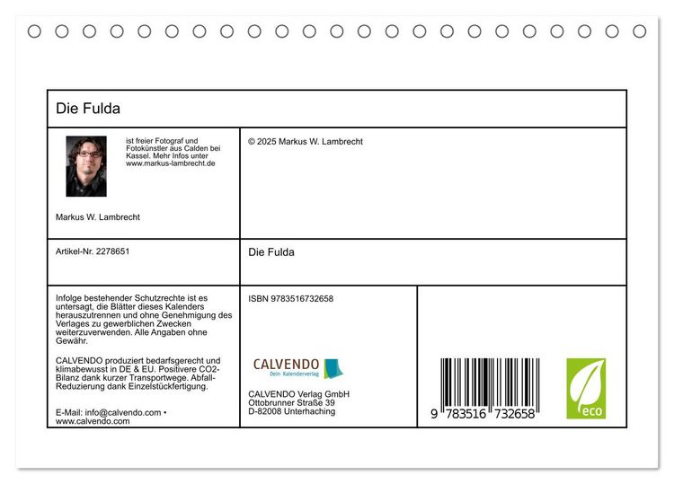 Produktbild: Die Fulda (Tischkalender 2026 DIN A5 quer), CALVENDO Monatskalender