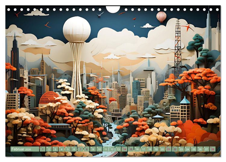 Produktbild: Papierschicktkunst - farbenfohe St&auml;dte (Wandkalender 2026 DIN A4 quer), CALVENDO Monatskalender