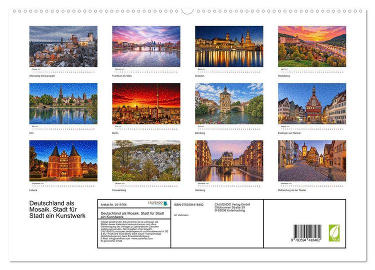 Produktbild: Deutschland als Mosaik. Stadt f&uuml;r Stadt ein Kunstwerk (hochwertiger Premium Wandkalender 2027 DIN A2 quer), Kunstdruck in Hochglanz