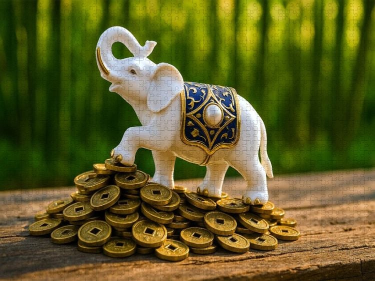 Produktbild: CALVENDO Puzzle Elefant mit M&uuml;nzen - Weisheit, St&auml;rke und Gl&uuml;ck im Haus | 2000 Teile Lege-Gr&ouml;&szlig;e 90x67cm Foto-Puzzle f&uuml;r gl&uuml;ckliche Stunden