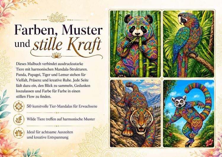 Produktbild: Mandala Tiere Malbuch f&uuml;r Erwachsene mit 50 sch&ouml;nen Ausmalmotiven
