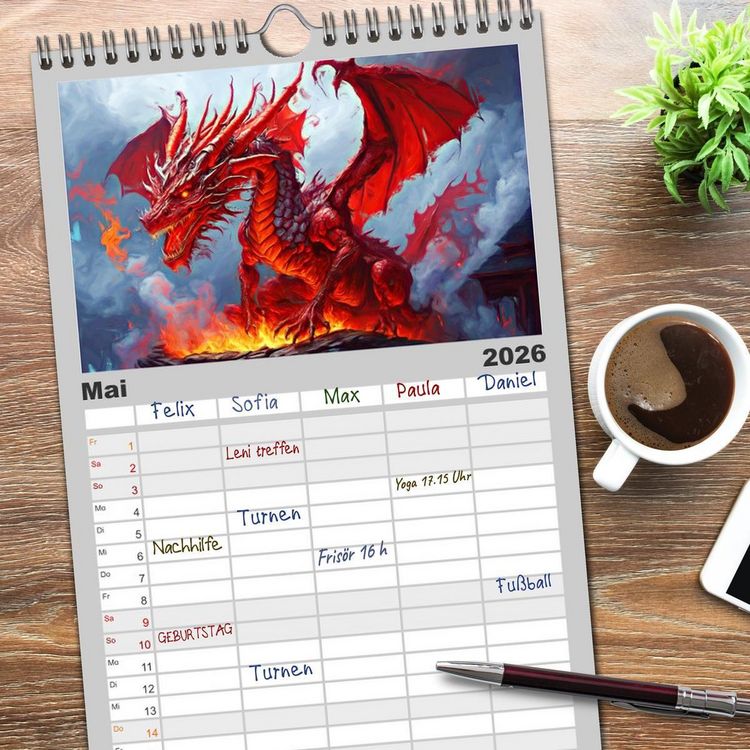Produktbild: Familienplaner 2026 - Drachen - Gef&uuml;rchtete, aber nicht immer b&ouml;se Fabelwesen mit 5 Spalten (Wandkalender, 21 x 45 cm) CALVENDO