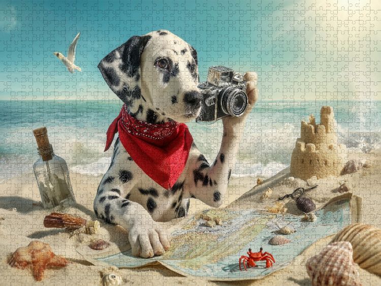 Produktbild: CALVENDO Puzzle Dalmatiner Hund auf Schatzsuche am Strand mit Karte und Kamera | 1000 Teile Lege-Gr&ouml;&szlig;e 64x48cm Foto-Puzzle f&uuml;r gl&uuml;ckliche Stunden
