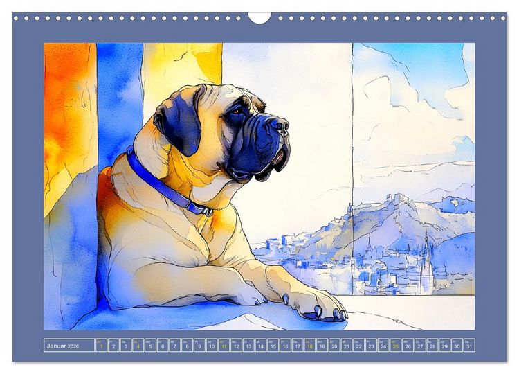 Produktbild: Majest&auml;tische English Mastiffs. Sanfte Riesen in Aquarell-Eleganz (Wandkalender 2026 DIN A3 quer), CALVENDO Monatskalender