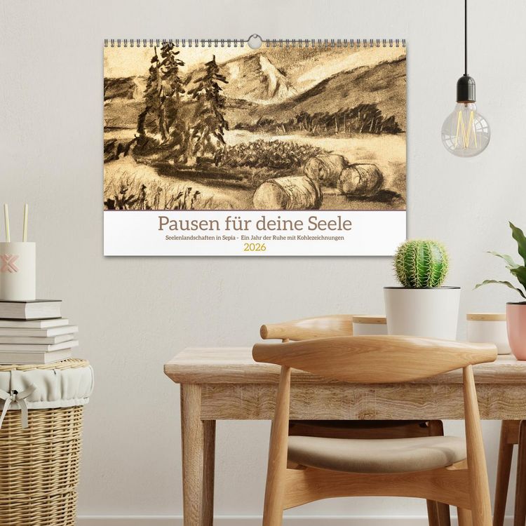 Produktbild: Pausen f&uuml;r deine Seele - Seelenlandschaften in Sepia - Ein Jahr der Ruhe mit Kohlezeichnungen (Wandkalender 2026 DIN A3 quer), CALVENDO Monatskalender