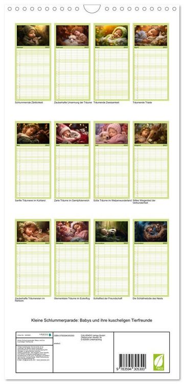 Produktbild: Familienplaner 2027 - Kleine Schlummerparade: Babys und ihre kuscheligen Tierfreunde mit 5 Spalten (Wandkalender, 21 x 45 cm) CALVENDO