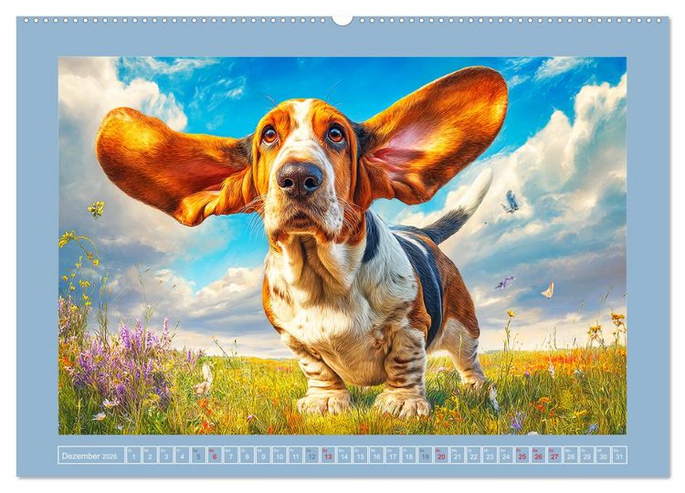 Produktbild: Schlappohren-Zauber. Fr&ouml;hliche Bassets in bunten Momenten (hochwertiger Premium Wandkalender 2026 DIN A2 quer), Kunstdruck in Hochglanz