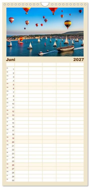 Produktbild: Familienplaner 2027 - Freiheit in den L&uuml;ften. Mit dem Hei&szlig;luftballon unterwegs mit 5 Spalten (Wandkalender, 21 x 45 cm) CALVENDO