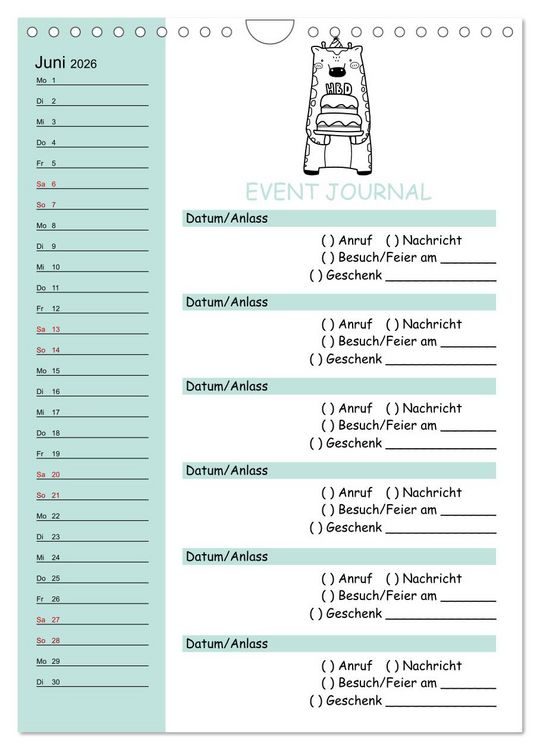 Produktbild: Geburtstagsplaner Doodle Tiere - F&uuml;r Termine, Geschenke, Eventdetails & mehr (Wandkalender 2026 DIN A4 hoch), CALVENDO Monatskalender