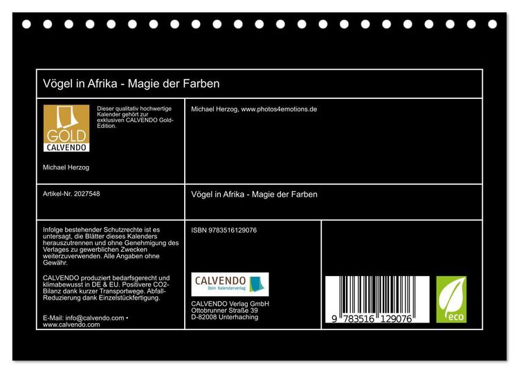 Produktbild: V&ouml;gel in Afrika - Magie der Farben (Tischkalender 2026 DIN A5 quer), CALVENDO Monatskalender