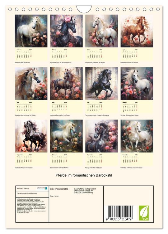 Produktbild: Pferde im romantischen Barockstil (Wandkalender 2026 DIN A4 hoch), CALVENDO Monatskalender